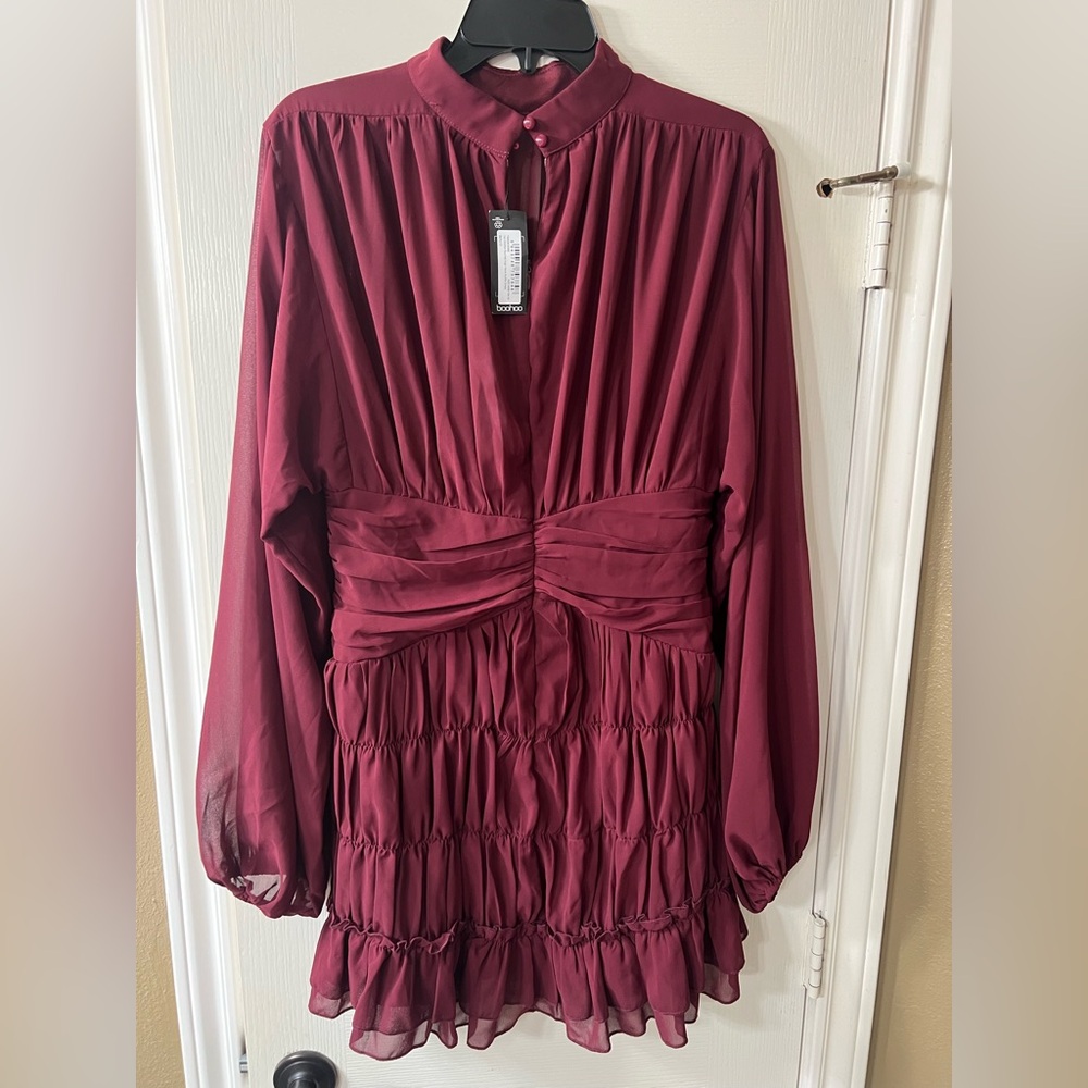 TALL CHIFFON RUCHED HIGH NECK RUFFLE DRESS - Picture 7 of 8